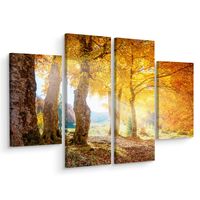 Schilderij - Zonnig herfst bos, print op canvas, 4 luik, premium print