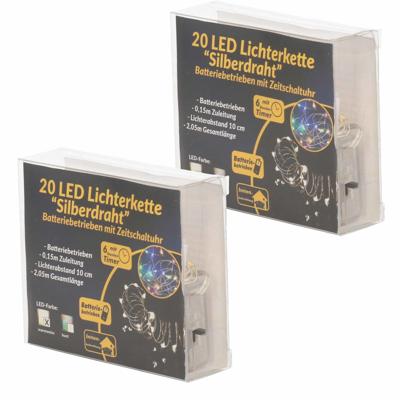 LED draadverlichting - 2x - zilver - 2 meter - met gekleurd licht - op batterijen - met timer
