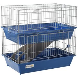 PawHut kooi voor kleine huisdieren knaagdierenkooi met 2 verdiepingen voor kleine huisdieren met 2 deuren staal PP blauw | Aosom Netherlands