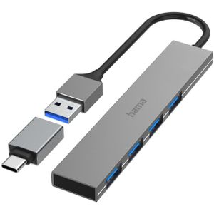 Hama USB Hub 4 Ports USB 3.2 Gen 1/ 5 Gbit/s Ultra-Slim incl. USB-C Adapter USB Hub Grijs