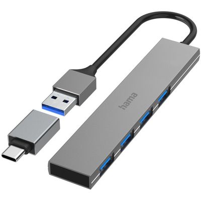 Hama USB Hub 4 Ports USB 3.2 Gen 1/ 5 Gbit/s Ultra-Slim incl. USB-C Adapter USB Hub Grijs