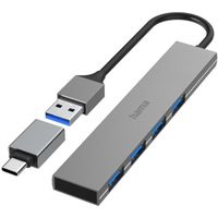 Hama USB Hub 4 Ports USB 3.2 Gen 1/ 5 Gbit/s Ultra-Slim incl. USB-C Adapter USB Hub Grijs