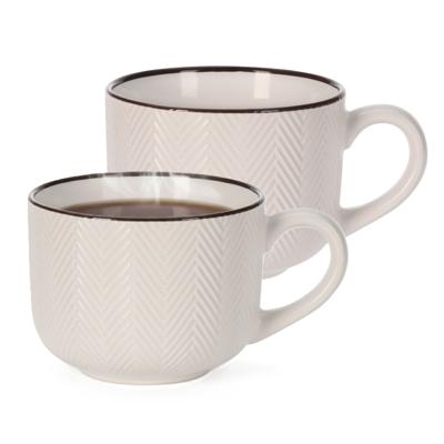Thee/koffiemok XL Fishbone - 2x - beige - 12 x 9 cm - keramiek - kommetjes met oor - 560 ml
