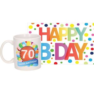 Verjaardag cadeau mok/beker 70 jaar print 300 ml + A5-size wenskaart Happy Birthday