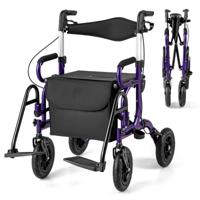 2-In-1 Rollator met Luchtbanden en Zitting Rolstoel en Reisrollator Loophulp 6-Voudig in Hoogte Verstelbaar Loopwagen met Tas-Paars - thumbnail