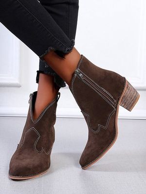 Stylish Patchwork Chunky Heel Pointed Toe Zip Booties Stylish Patchwork Chunky Heel Pointed Toe Zip Booties