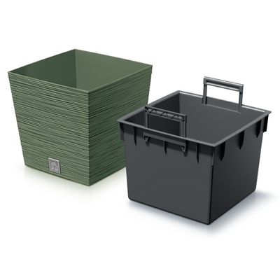 Plantenpot/bloempot Furu Stripes - voor buiten - kunststof - bosgroen - vierkant - D24 x H23.5 cm Plantenpot/bloempot Furu Stripes - voor buiten - kunststof - bosgroen - vierkant - D24 x H23.5 cm