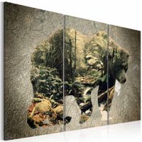 Schilderij - Beer in het Bos, print op canvas, wanddecoratie, 3luik , groen grijs - thumbnail