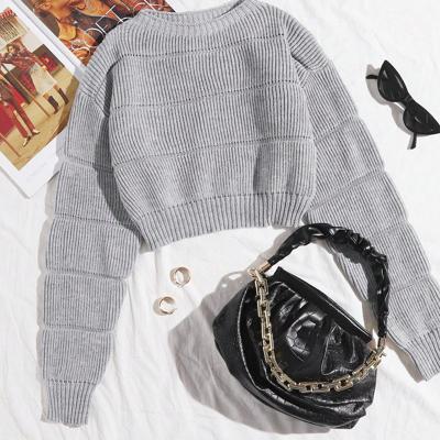 Bon&Bon Hot Pink Ribbed Knit Crop Sweater - Casual Drop Shoulder Pullover Light Grey / M