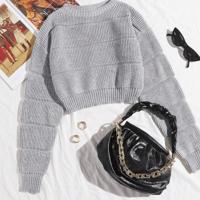 Bon&Bon Hot Pink Ribbed Knit Crop Sweater - Casual Drop Shoulder Pullover Light Grey / M