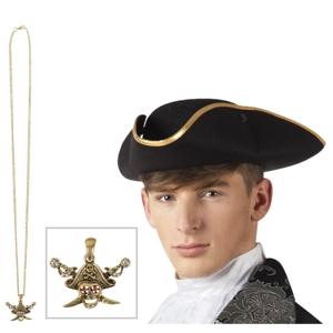 Verkleed set Piraten hoed - zwart - met gouden piraten ketting - heren/dames