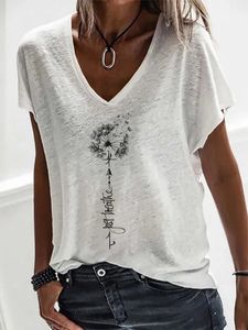 Casual V Neck Dandelion Short Sleeve Loose T-Shirt