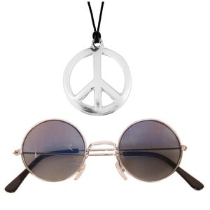 Hippie Flower Power sieraden set peace-sign ketting met groovy bril