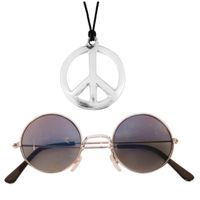 Hippie Flower Power sieraden set peace-sign ketting met groovy bril - thumbnail