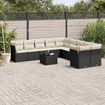 11-delige Loungeset met kussens poly rattan zwart