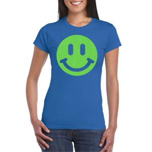 Verkleed T-shirt voor dames - smiley - blauw - carnaval/foute party - feestkleding