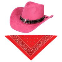 Carnaval verkleedset luxe model cowboyhoed Rodeo - roze - en rode hals zakdoek - voor volwassenen