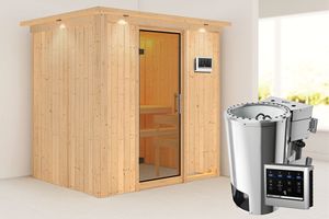 Karibu | Fanja Sauna met Dakkraag | Helderglas Deur | Biokachel 3,6 kW Externe Bediening