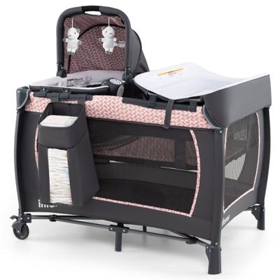 5-in-1 Reisbedje voor Baby's Opvouwbaar Babybedje met Aankleedtafel Babybox met Opbergmand & Draagtas Roze