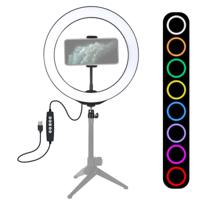 PULUZ 10 2 inch 26cm USB 10 modi RGBW Dimbare LED ring Vloggen fotografie video lichten met koude schoen statief bal hoofd & telefoon klem (zwart)