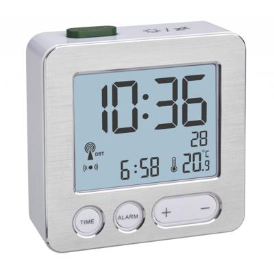 TFA wekker/reiswekker - digitaal - alarmklok - zilver - 7 cm - kunststof - zendergestuurd