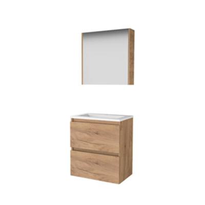 Basic-Line Comfort 39 Badkamermeubelset - Ondiep - 60 x 39 cm - Greeploos - 2 Lades - Keramische Wastafel - 1 Kraangat - Spiegelkast - Whisky Oak