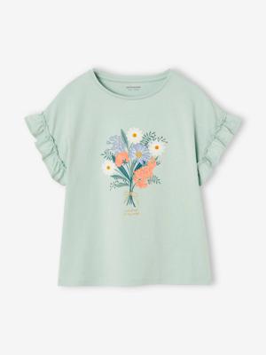 Meisjes-T-shirt met iriserend motief en korte mouwen met ruches hemelsblauw