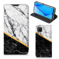 Huawei P40 Lite Standcase Marmer Wit Zwart - Origineel Cadeau Man - thumbnail