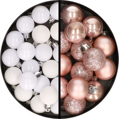 34x stuks kunststof kerstballen wit en lichtroze 3 cm
