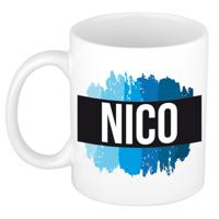 Nico naam cadeau koffie mok - beker - met blauw verfstrepen - Cadeau collega - vaderdag