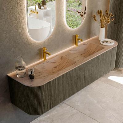 Badmeubel Mondiaz Kurve-Dlux | 180 cm | Meubelkleur Shadow | Wastafelkleur Arena | Solid surface | Wasbak beide zijden spoelbak | 2 kraangaten