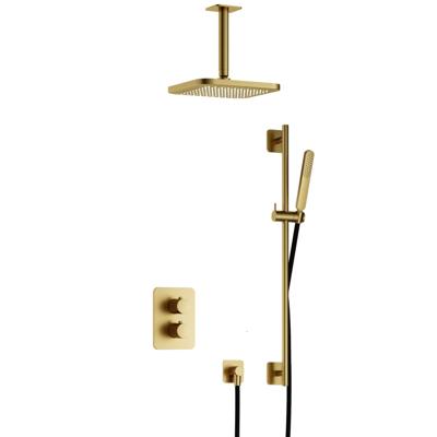 Hotbath Gal - Inbouw Regendoucheset - Geborsteld Messing PVD - Thermostatisch - Plafondbuis 15 cm - Hoofddouche 220 mm - Staafhanddouche - Glijstang 900 mm - met 2-Weg Stop-Omstel