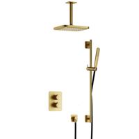 Hotbath Gal - Inbouw Regendoucheset - Geborsteld Messing PVD - Thermostatisch - Plafondbuis 15 cm - Hoofddouche 220 mm - Staafhanddouche - Glijstang 900 mm - met 2-Weg Stop-Omstel