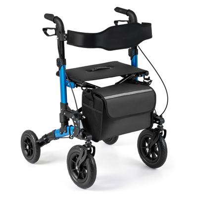 Rollator voor Senioren Opvouwbare Looprek met Zitje Netrugleuning Vering Grote Voorwielen en Stokhouder Rollator met Opbergtas Max. Belasting 136 kg Mobiliteitshulpmiddel-Blauw