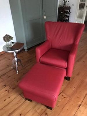 Leren oorfauteuil met houten poten - met hocker - rood leer - Echt leer, Landelijk, ontdek de vele Leersoorten en Kleuren bij ShopX