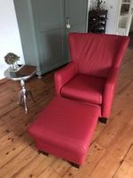 Leren oorfauteuil met houten poten - met hocker - rood leer - Echt leer, Landelijk, ontdek de vele Leersoorten en Kleuren bij ShopX