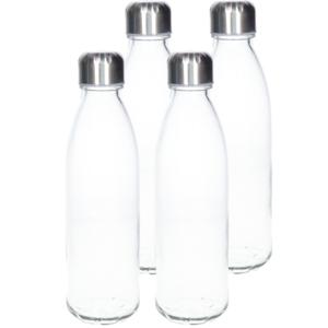 Waterfles/drinkfles - 4x - transparant - met RVS dop - 650 ml - glas - Sportfles - Bidon