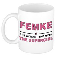 Naam cadeau mok/ beker Femke The woman, The myth the supergirl 300 ml   -