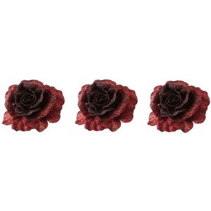 3x Kerstversieringen glitter roos rood op clip 10 cm   -