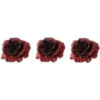 3x Kerstversieringen glitter roos rood op clip 10 cm   -