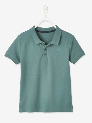 Poloshirt met korte mouwen voor jongens met borduurwerk op de borst lichtkaki