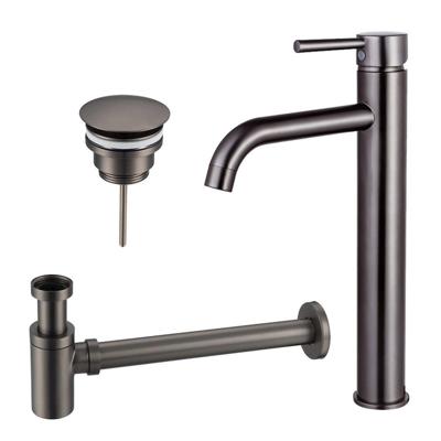 Fortifura Calvi Wastafelkraanset - verhoogde wastafelkraan - always open plug - verlaagde design sifon - Geborsteld Gunmetal PVD SW766541/SW769487/SW767295