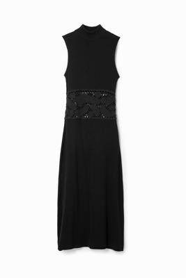 Geribde midi-jurk crochet - BLACK - L