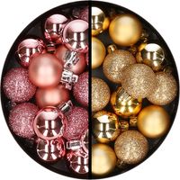 34x stuks kunststof kerstballen roze en goud 3 cm