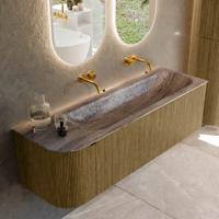 Badmeubel Mondiaz Kurve-Dlux | 145 cm | Meubelkleur Dusk | Wastafelkleur Oza | Solid surface | Wasbak rechter zijde spoelbak | Zonder kraangat(en)