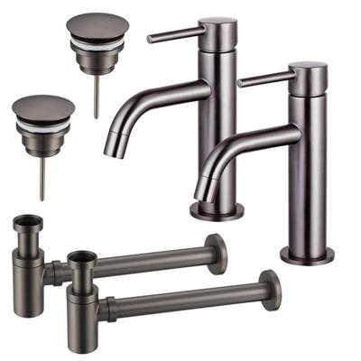 Fortifura Calvi Slim Wastafelkraanset - voor dubbele wastafel - lage wastafelkraan - always open plug - verlaagde design sifon - Geborsteld Gunmetal PVD 2x SW766538/2x SW769487/2x SW767295