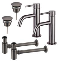 Fortifura Calvi Slim Wastafelkraanset - voor dubbele wastafel - lage wastafelkraan - always open plug - verlaagde design sifon - Geborsteld Gunmetal PVD 2x SW766538/2x SW769487/2x SW767295