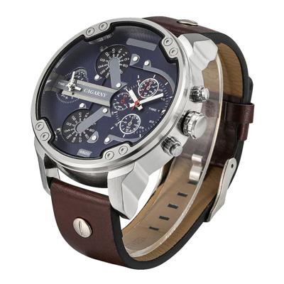 CAGARNY 6820 modieuze multifunctionele stijl Quartz Business Sport polshorloge met lederen Band & GMT tijd & kalender & goed verlicht Display voor Men