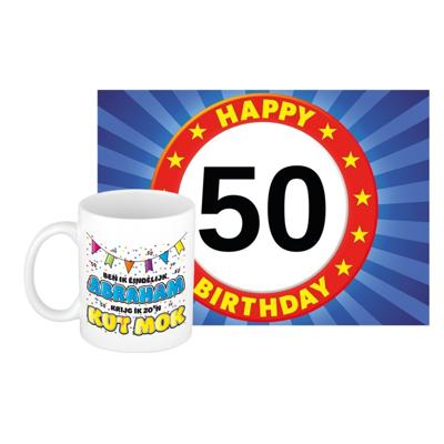 Verjaardag cadeau koffiemok 50 jaar - man - kut mok - met A5 formaat wenskaart