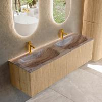 Badmeubel Mondiaz Kurve-Dlux | 150 cm | Meubelkleur Oak | Wastafelkleur Oza | Solid surface | Wasbak beide zijden spoelbak | 2 kraangaten